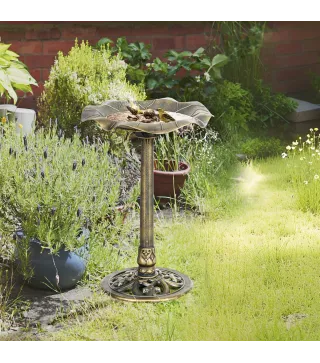 Baño para Pájaros de Jardín Exterior 71 cm con Diseño Hoja de Loto y Acabado Envejecido Ligero y Resistente Bronce
