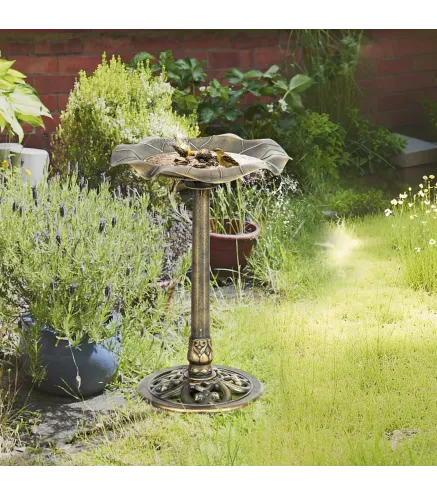 Baño para Pájaros de Jardín Exterior 71 cm con Diseño Hoja de Loto y Acabado Envejecido Ligero y Resistente Bronce