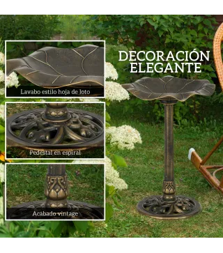 Baño para Pájaros de Jardín Exterior 71 cm con Diseño Hoja de Loto y Acabado Envejecido Ligero y Resistente Bronce