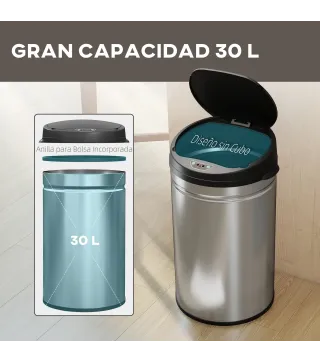 Cubo de Basura Cocina Automático 30 L Sensor Infrarrojo Cierre Automático Antihuellas Acero Inoxidable Plata