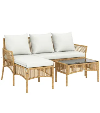 Conjunto de Jardín Exterior de Ratán con 1 Sofá de 2 Plazas 1 Sofá Esquinera y 1 Mesa de Centro Tablero de Vidrio Crema