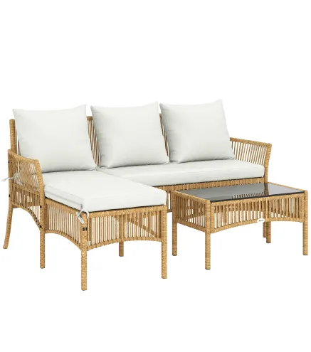 Conjunto de Jardín Exterior de Ratán con 1 Sofá de 2 Plazas 1 Sofá Esquinera y 1 Mesa de Centro Tablero de Vidrio Crema