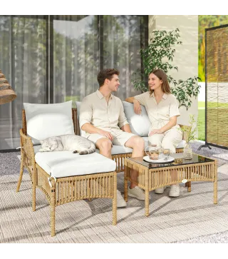 Conjunto de Jardín Exterior de Ratán con 1 Sofá de 2 Plazas 1 Sofá Esquinera y 1 Mesa de Centro Tablero de Vidrio Crema