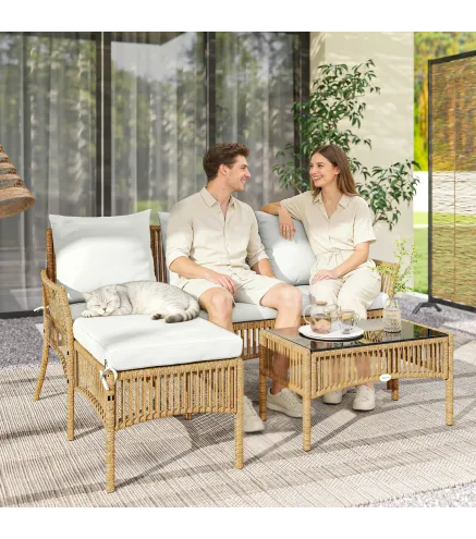 Conjunto de Jardín Exterior de Ratán con 1 Sofá de 2 Plazas 1 Sofá Esquinera y 1 Mesa de Centro Tablero de Vidrio Crema