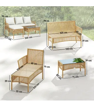 Conjunto de Jardín Exterior de Ratán con 1 Sofá de 2 Plazas 1 Sofá Esquinera y 1 Mesa de Centro Tablero de Vidrio Crema