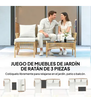 Conjunto de Jardín Exterior de Ratán con 1 Sofá de 2 Plazas 1 Sofá Esquinera y 1 Mesa de Centro Tablero de Vidrio Crema