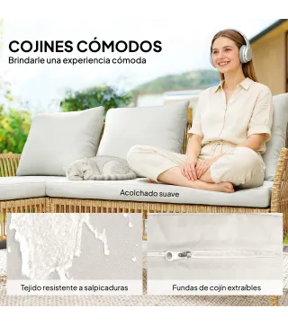 Conjunto de Jardín Exterior de Ratán con 1 Sofá de 2 Plazas 1 Sofá Esquinera y 1 Mesa de Centro Tablero de Vidrio Crema