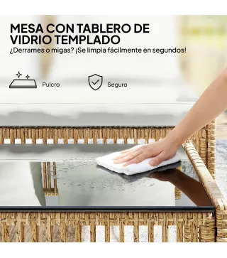 Conjunto de Jardín Exterior de Ratán con 1 Sofá de 2 Plazas 1 Sofá Esquinera y 1 Mesa de Centro Tablero de Vidrio Crema