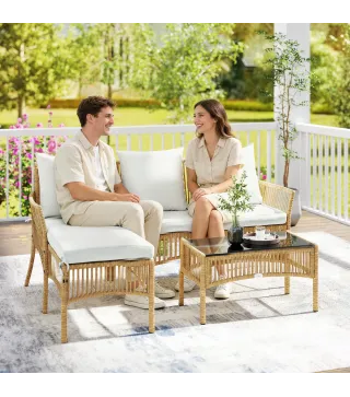 Conjunto de Jardín Exterior de Ratán con 1 Sofá de 2 Plazas 1 Sofá Esquinera y 1 Mesa de Centro Tablero de Vidrio Crema