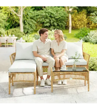 Conjunto de Jardín Exterior de Ratán con 1 Sofá de 2 Plazas 1 Sofá Esquinera y 1 Mesa de Centro Tablero de Vidrio Crema