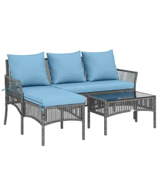 Conjunto de Jardín Exterior de Ratán con 1 Sofá de 2 Plazas 1 Sofá Esquinera y 1 Mesa de Centro Tablero de Vidrio Azul