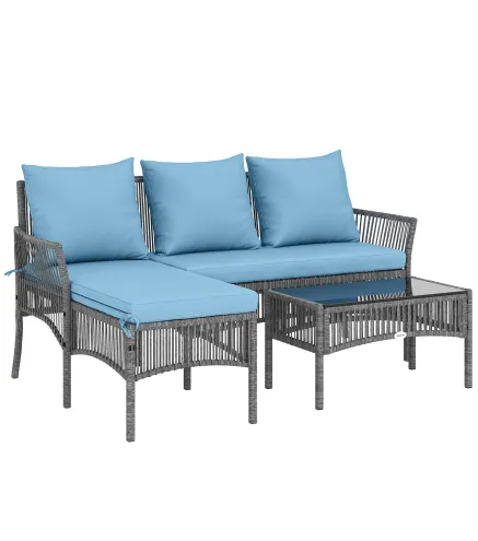 Conjunto de Jardín Exterior de Ratán con 1 Sofá de 2 Plazas 1 Sofá Esquinera y 1 Mesa de Centro Tablero de Vidrio Azul