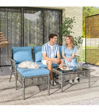 Conjunto de Jardín Exterior de Ratán con 1 Sofá de 2 Plazas 1 Sofá Esquinera y 1 Mesa de Centro Tablero de Vidrio Azul