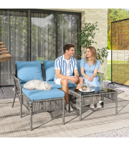 Conjunto de Jardín Exterior de Ratán con 1 Sofá de 2 Plazas 1 Sofá Esquinera y 1 Mesa de Centro Tablero de Vidrio Azul