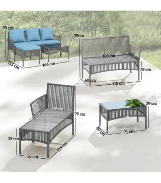 Conjunto de Jardín Exterior de Ratán con 1 Sofá de 2 Plazas 1 Sofá Esquinera y 1 Mesa de Centro Tablero de Vidrio Azul