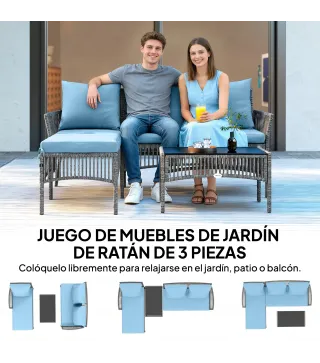 Conjunto de Jardín Exterior de Ratán con 1 Sofá de 2 Plazas 1 Sofá Esquinera y 1 Mesa de Centro Tablero de Vidrio Azul