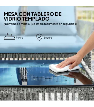 Conjunto de Jardín Exterior de Ratán con 1 Sofá de 2 Plazas 1 Sofá Esquinera y 1 Mesa de Centro Tablero de Vidrio Azul