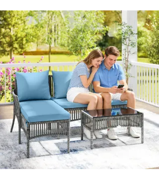 Conjunto de Jardín Exterior de Ratán con 1 Sofá de 2 Plazas 1 Sofá Esquinera y 1 Mesa de Centro Tablero de Vidrio Azul