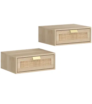 Juego de 2 Mesitas de Noche Flotantes con Cajon de Ratan Ahorra Espacio Diseno Moderno 40x30x15 cm Natural