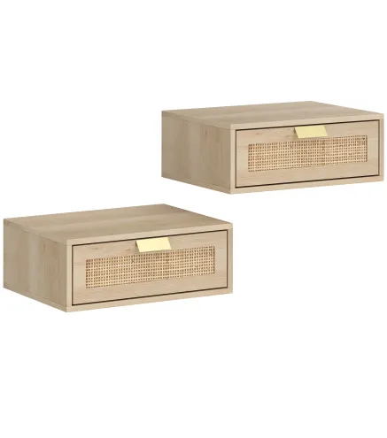 Juego de 2 Mesitas de Noche Flotantes con Cajon de Ratan Ahorra Espacio Diseno Moderno 40x30x15 cm Natural