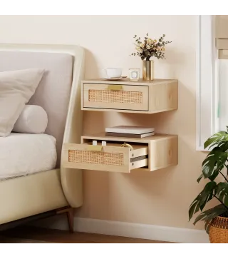 Juego de 2 Mesitas de Noche Flotantes con Cajón de Ratán Ahorra Espacio Diseño Moderno 40x30x15 cm Natural