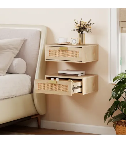 Juego de 2 Mesitas de Noche Flotantes con Cajon de Ratan Ahorra Espacio Diseno Moderno 40x30x15 cm Natural