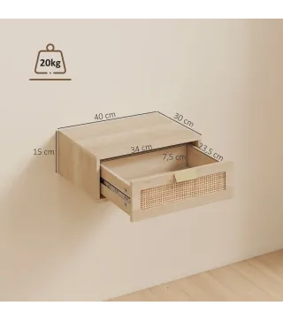 Juego de 2 Mesitas de Noche Flotantes con Cajón de Ratán Ahorra Espacio Diseño Moderno 40x30x15 cm Natural