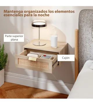 Juego de 2 Mesitas de Noche Flotantes con Cajón de Ratán Ahorra Espacio Diseño Moderno 40x30x15 cm Natural