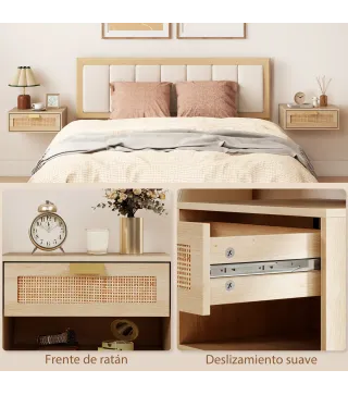 Juego de 2 Mesitas de Noche Flotantes con Cajón de Ratán Ahorra Espacio Diseño Moderno 40x30x15 cm Natural