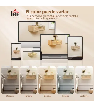 Juego de 2 Mesitas de Noche Flotantes con Cajón de Ratán Ahorra Espacio Diseño Moderno 40x30x15 cm Natural