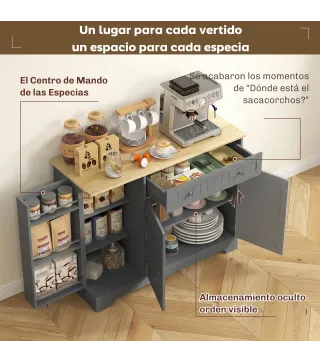 Aparador de Cocina Armario de Cocina con 3 Estantes de Puerta Cajón Estantes Ajustables para Comedor 105x40x83 cm Gris