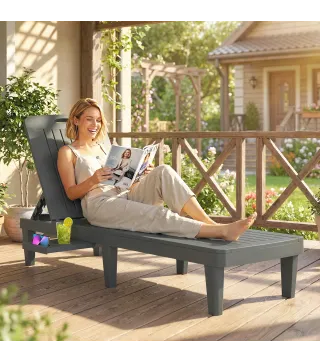 Conjunto de 2 Tumbonas Reclinables de Plástico PP con Bandeja Lateral Respaldo Ajustable 5 Niveles 192x57x28,5 cm Gris