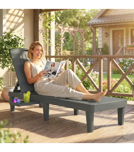 Conjunto de 2 Tumbonas Reclinables de Plástico PP con Bandeja Lateral Respaldo Ajustable 5 Niveles 192x57x28,5 cm Gris