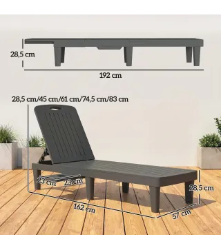 Conjunto de 2 Tumbonas Reclinables de Plástico PP con Bandeja Lateral Respaldo Ajustable 5 Niveles 192x57x28,5 cm Gris