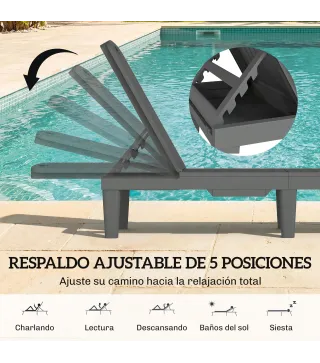 Conjunto de 2 Tumbonas Reclinables de Plástico PP con Bandeja Lateral Respaldo Ajustable 5 Niveles 192x57x28,5 cm Gris