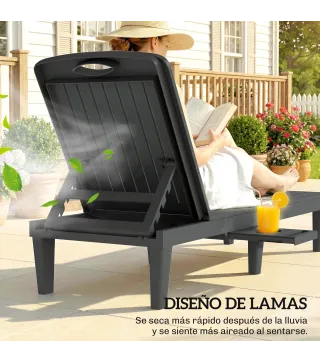 Conjunto de 2 Tumbonas Reclinables de Plástico PP con Bandeja Lateral Respaldo Ajustable 5 Niveles 192x57x28,5 cm Gris