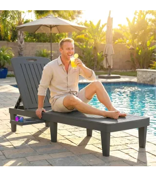 Conjunto de 2 Tumbonas Reclinables de Plástico PP con Bandeja Lateral Respaldo Ajustable 5 Niveles 192x57x28,5 cm Gris