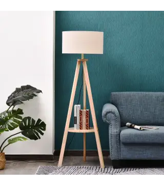 Lámpara de Pie Tipo Trípode con Estructura de Madera Natural y Pantalla de Tela Beige con Estante Integrado 50x50x154 cm