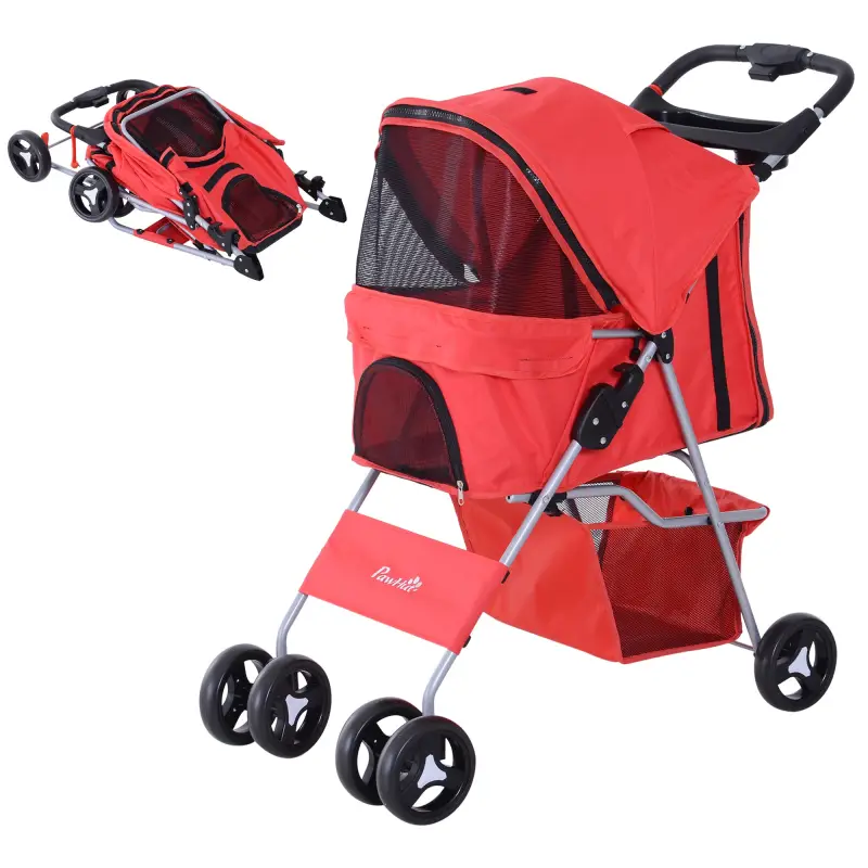 Carrito para Perros con Toldo Ajustable Cesta de Almacenaje y Ruedas con Freno Tela Oxford 77x45x99,5 cm Rojo