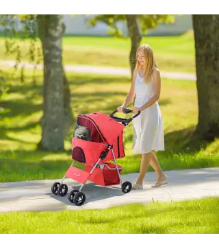 Carrito para Perros con Toldo Ajustable Cesta de Almacenaje y Ruedas con Freno Tela Oxford 77x45x99,5 cm Rojo