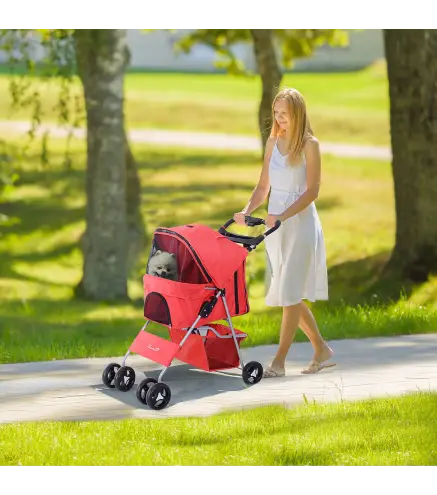 Carrito para Perros con Toldo Ajustable Cesta de Almacenaje y Ruedas con Freno Tela Oxford 77x45x99,5 cm Rojo