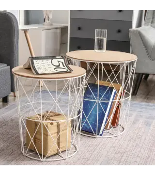 Juego de 2 Mesas Auxiliares de Salón con Tapa de Madera Extraíble y Estructura de Metal Ø40x45 cm y Ø35x40 cm Blanco