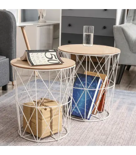 Juego de 2 Mesas Auxiliares de Salón con Tapa de Madera Extraíble y Estructura de Metal Ø40x45 cm y Ø35x40 cm Blanco