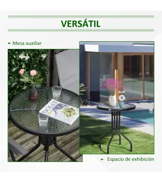 Mesa de Jardín Redonda con Encimera de Vidrio Templado Decorativa y Marco de Metal para Patio Terraza Balcón Comedor Ø60x70 cm N