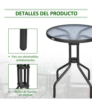 Mesa de Jardín Redonda con Encimera de Vidrio Templado Decorativa y Marco de Metal para Patio Terraza Balcón Comedor Ø60x70 cm N