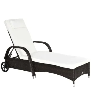 Tumbona de Ratán de Jardín Chaise Longue con Respaldo Ajustable en 5 Posiciones Cojines Acolchados Reposacabezas y 2 Ruedas Carg