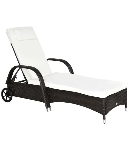 Tumbona de Ratán de Jardín Chaise Longue con Respaldo Ajustable en 5 Posiciones Cojines Acolchados Reposacabezas y 2 Ruedas Carg