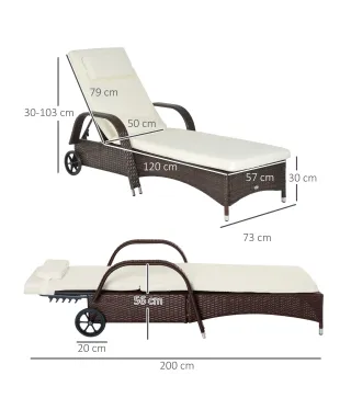 Tumbona de Ratán de Jardín Chaise Longue con Respaldo Ajustable en 5 Posiciones Cojines Acolchados Reposacabezas y 2 Ruedas Carg