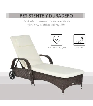 Tumbona de Ratán de Jardín Chaise Longue con Respaldo Ajustable en 5 Posiciones Cojines Acolchados Reposacabezas y 2 Ruedas Carg