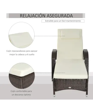 Tumbona de Ratán de Jardín Chaise Longue con Respaldo Ajustable en 5 Posiciones Cojines Acolchados Reposacabezas y 2 Ruedas Carg